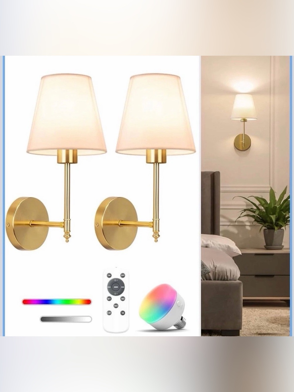 Brass Wall Sconce Pair with White Fabric Shades